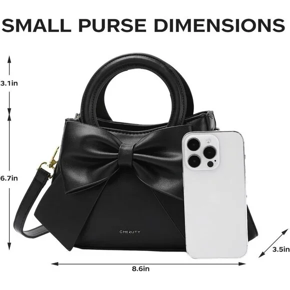 Vegan Leather Crossbody Bag Small Womens Purse with Bow Rope Adjustable
